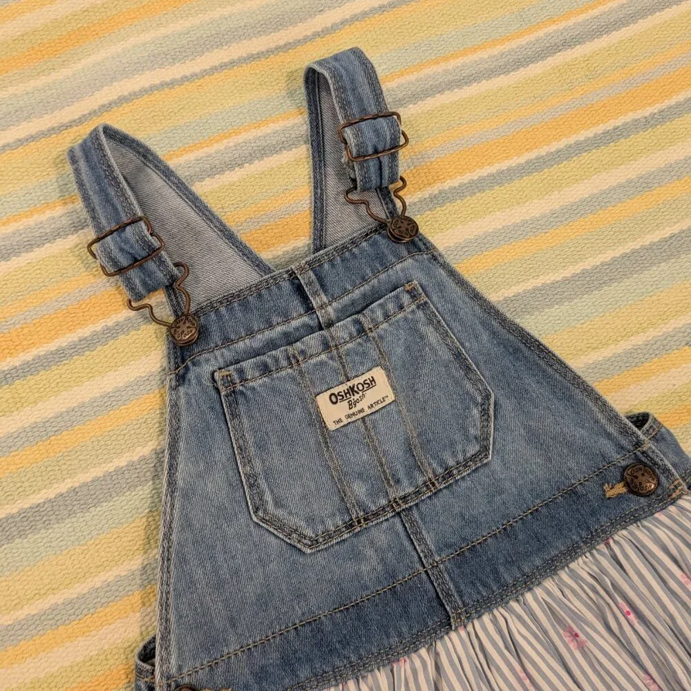 ⭐ Oshkosh Bgosh Denim Jean And Striped Floral Cotton Dress With Scalloped Eyelet